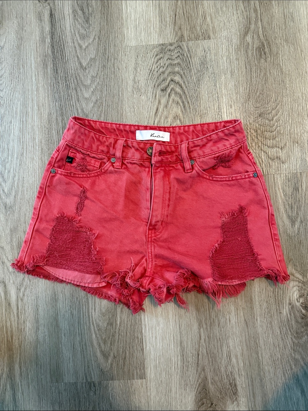 KanCan Bright Red Distressed Frayed Hem Denim Shorts